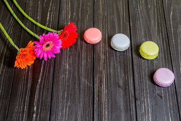 colorful French Macarons with flowers