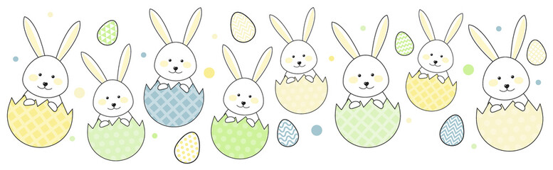 Easter banner with bunnies and colourful eggs. Vector