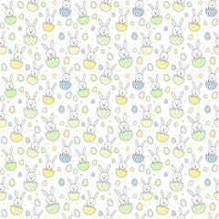 Colourful Easter pattern with bunnies and eggs. Vector.