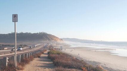 Pacific coast highway, Torrey Pines state beach, cars driving on road 1, freeway 101 from San Diego...