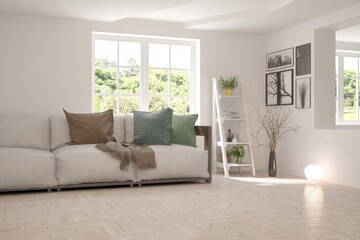 White living room with sofa and summer landscape in window. Scandinavian interior design. 3D illustration