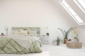 Soft color bedroom interior. Scandinavian design. 3D illustration
