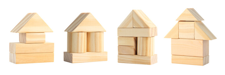 Toy wood blocks in home shape isolated on white background. Real estate concept.
