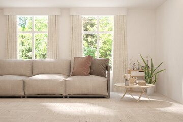 White living room with sofa. Scandinavian interior design. 3D illustration