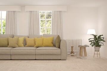 Minimalist living room in white color with sofa and summer landscape in window. Scandinavian interior design. 3D illustration