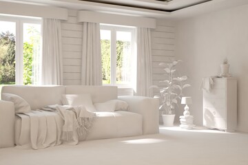 Mock up of stylish room in white color with sofa and green landscape in window. Scandinavian interior design. 3D illustration