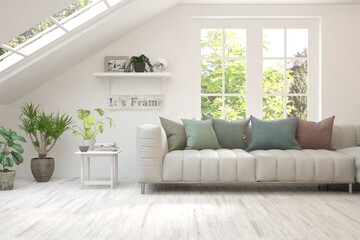 Fototapeta premium White living room with sofa. Scandinavian interior design. 3D illustration