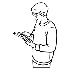 young man reading with book in hand. outline, comic, monochrome.