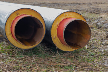 Metal pipes with thermal insulation of the district heating system for minimal heat loss....