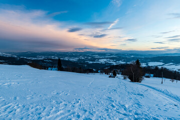 View from Bahanec in Slezske Beskydy mountains in Czech republic during wintter