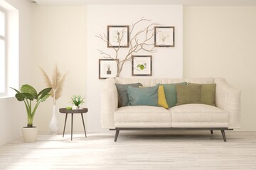White living room with sofa. Scandinavian interior design. 3D illustration