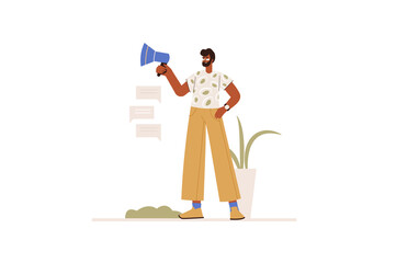 Marketing and promotion concept in flat design. Man works as marketer and makes advertising campaigns for business in social networks. Vector illustration with isolated people scene for web banner