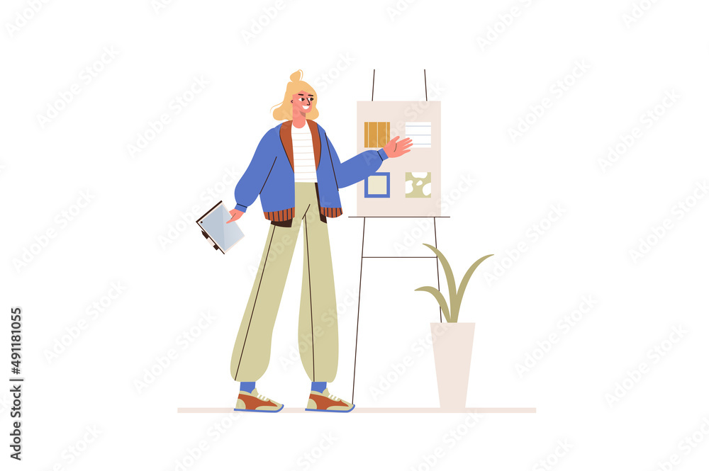Poster design studio concept in flat design. young girl works as illustrator designer and crates fabric pri