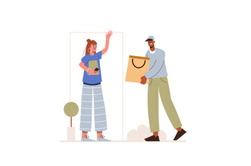 Courier delivery concept in flat design. Happy man works as deliver and carrying parcel package with order to woman client at home. Vector illustration with isolated people scene for web banner