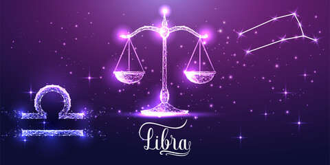 Futuristic Libra zodiac sign on dark purple background. Glowing low polygonal design vector. 
