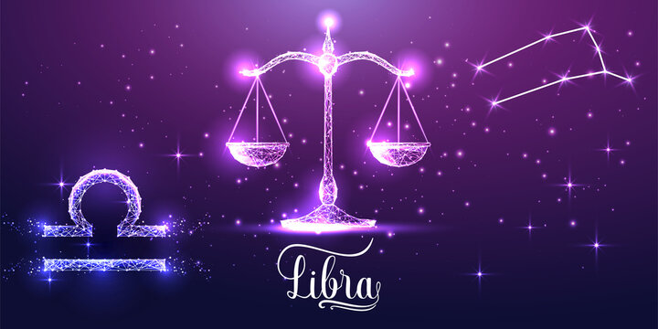 Futuristic Libra zodiac sign on dark purple background. Glowing low polygonal design vector. 