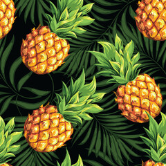 Pineapples. Seamless pattern with ripe and fresh tropical fruits. Vector image.