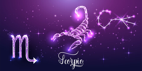 Futuristic Scorpio zodiac sign on dark purple background. Glowing low polygonal design vector. 