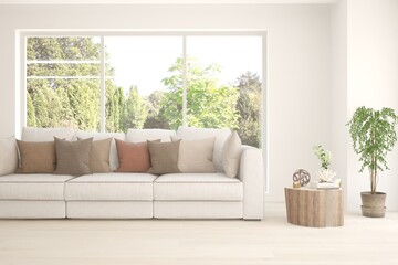 Minimalist living room in white color with sofa and summer landscape in window. Scandinavian interior design. 3D illustration