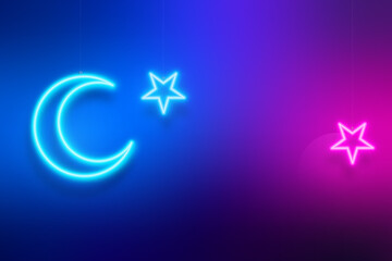 Pink and blue gradient banner for Ramadan Kareem. Bright modern design with neon crescent moon and stars. Vector background. © greens87