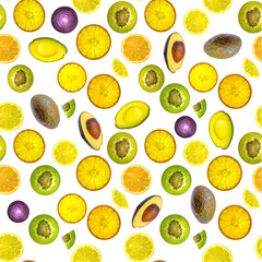 

Pattern, avocado, lemon, orange close-up on a light background. Isolated background, design, photography.