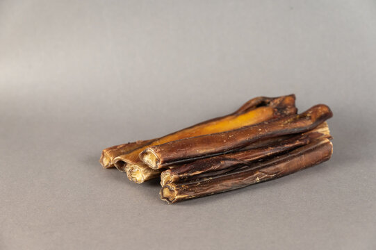 Pet chew treats. Natural dried dog treats against a gray background. Group of bully sticks. Pet supplies.