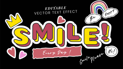 Obraz premium Smile Youth slang phrases. text effect design, cute, 80 - 90's style vibes with patch. black background