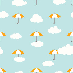 Seamless background with white clouds and orange umbrellas on powder blue sky. Overcast pattern. Vector ornament. Cartoon weather wallpaper.