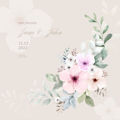 Fototapeta na wymiar Watercolor bouquet flowers painting on beige background