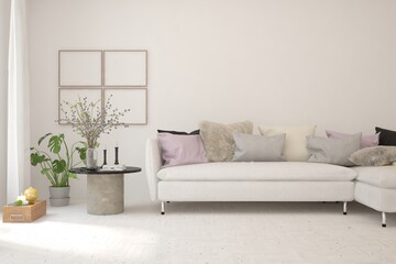 White living room with sofa. Scandinavian interior design. 3D illustration