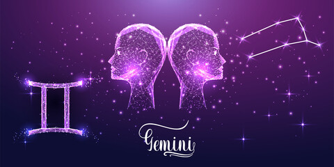 Futuristic Gemini zodiac sign on dark purple background. Glowing low polygonal design vector. 