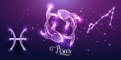 Futuristic Pisces zodiac sign on dark purple background. Glowing low polygonal design vector. 