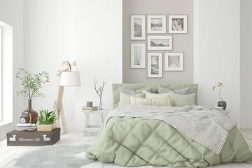 Soft color bedroom interior. Scandinavian design. 3D illustration