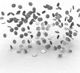 Falling silver coins from above isolated on white background. 3d illustration.