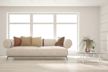 Modern living room in white color with sofa. Scandinavian interior design. 3D illustration