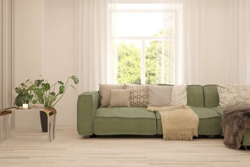 White living room with sofa and summer landscape in window. Scandinavian interior design. 3D illustration