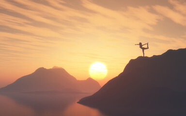 3D silhouette of a female in yoga positon on a mountain top against sunset sky