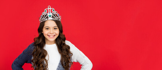 happy child in queen crown. princess in tiara. kid. teen girl wear diadem with copy space.