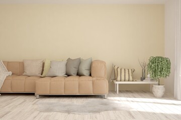 White living room with sofa. Scandinavian interior design. 3D illustration