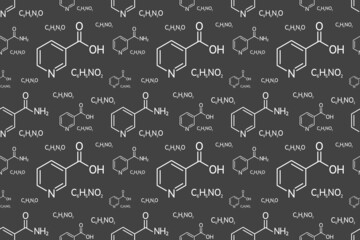 Niacinamide and niacin molecular formula vector illustration. Nicotinamide and nicotinic acid chemical background. Vitamin B3 image. For school, education cards, medical and scientific design