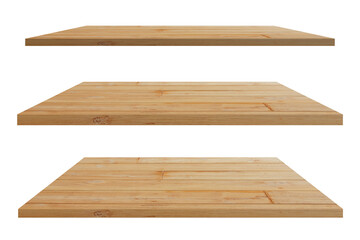 Collection of brown wooden shelves on isolated white background. for design exhibit and decorate scene for placing products. light brown tone
