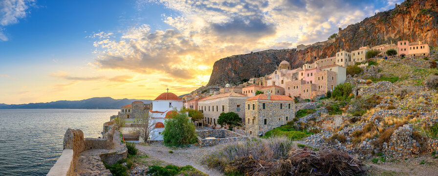 Beautiful picturesque parorama old medieval castle town of Monemvasia in Lakonia at sunrise, Peloponnese, Greece. "Greek Gibraltar"