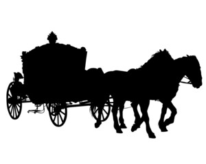 Horses harnessed to a beautiful old carriage. Isolated silhouette on a white background