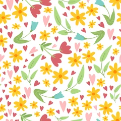 Fotobehang Bloemenmotief Schattig bloemen Pasen lente naadloze patroon met eenvoudige doodle bloemen, bladeren en harten op witte achtergrond. Hand getekende vector lente textuur