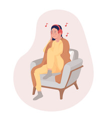Girl listening music 2D vector isolated illustration. Scandinavian style. Relaxed girl with blanket flat character on cartoon background. Hygge colourful scene for mobile, website, presentation