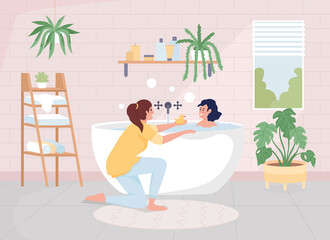 Mother bathing her daughter flat color vector illustration. Scandinavian style arrangement. Hygge mood. Happy family members 2D simple cartoon characters with bathroom on background