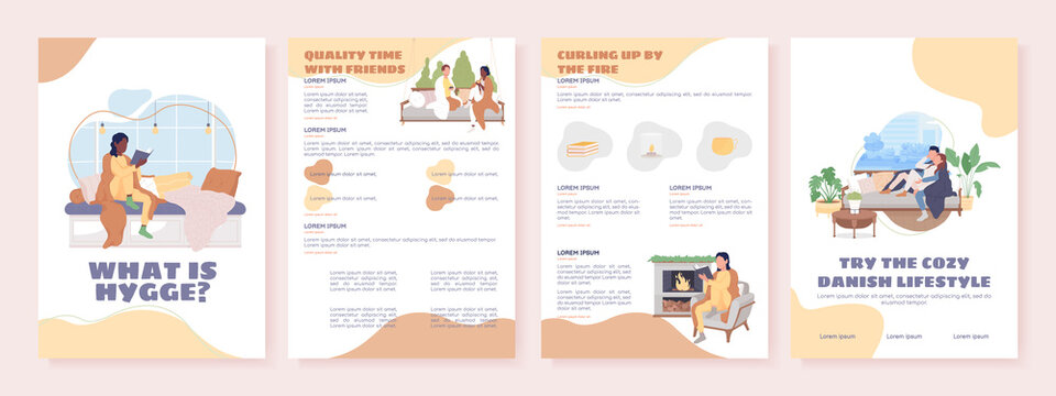 What is hygge flat vector brochure template. Booklet, leaflet printable flat color designs. Simple magazine page, reports kit with text space. Sigmar one, Balsamiq Sans, Comfortaa fonts used
