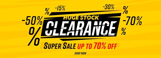 Clearance heading banner web design with special sale offer. Online shopping with huge stock discount vector illustration. Retail business and ecommerce marketing campaign advertising material - obrazy, fototapety, plakaty