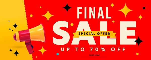 Final sale discount special offer header banner template. Last chance to shop now with wholesale advertisement. Up to 70 percent off money save on shopping online announcement vector illustration