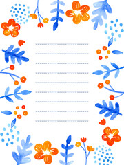 Fototapeta na wymiar 青とオレンジの花お手紙白フレーム